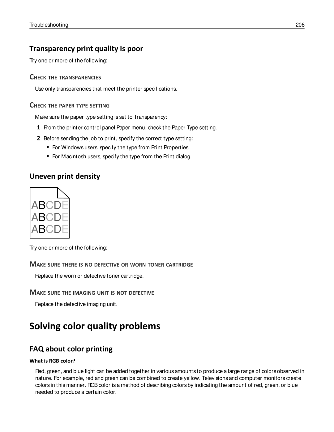 Lexmark 030, C925, 24Z0000 manual Solving color quality problems, Transparency print quality is poor, Uneven print density 