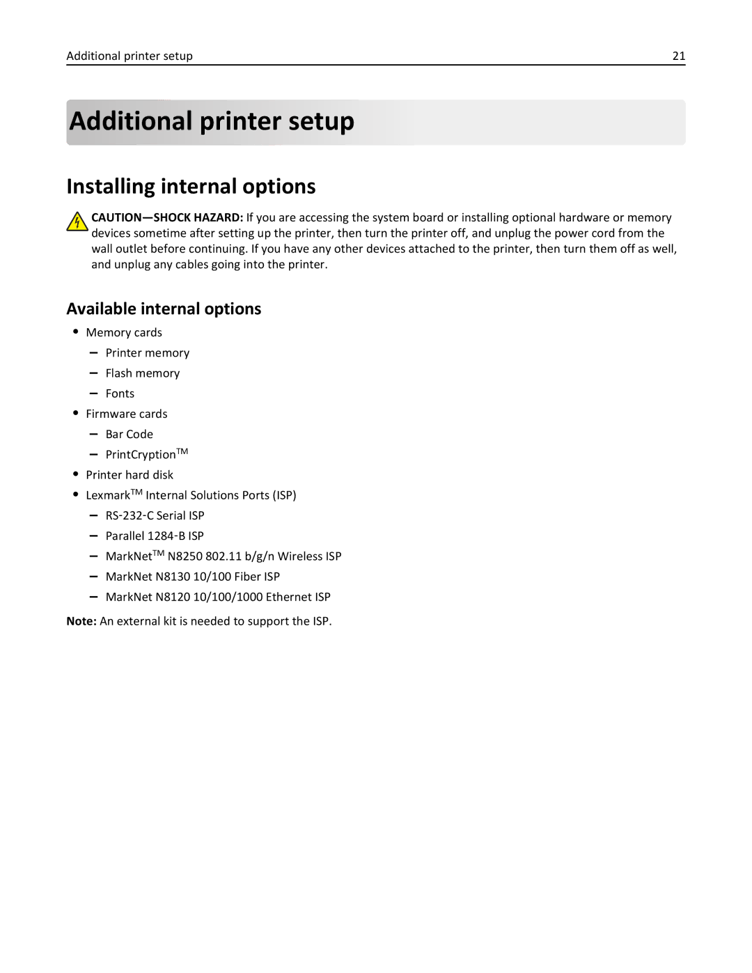 Lexmark C925, 24Z0000, 030 manual Additional printer setup, Installing internal options, Available internal options 