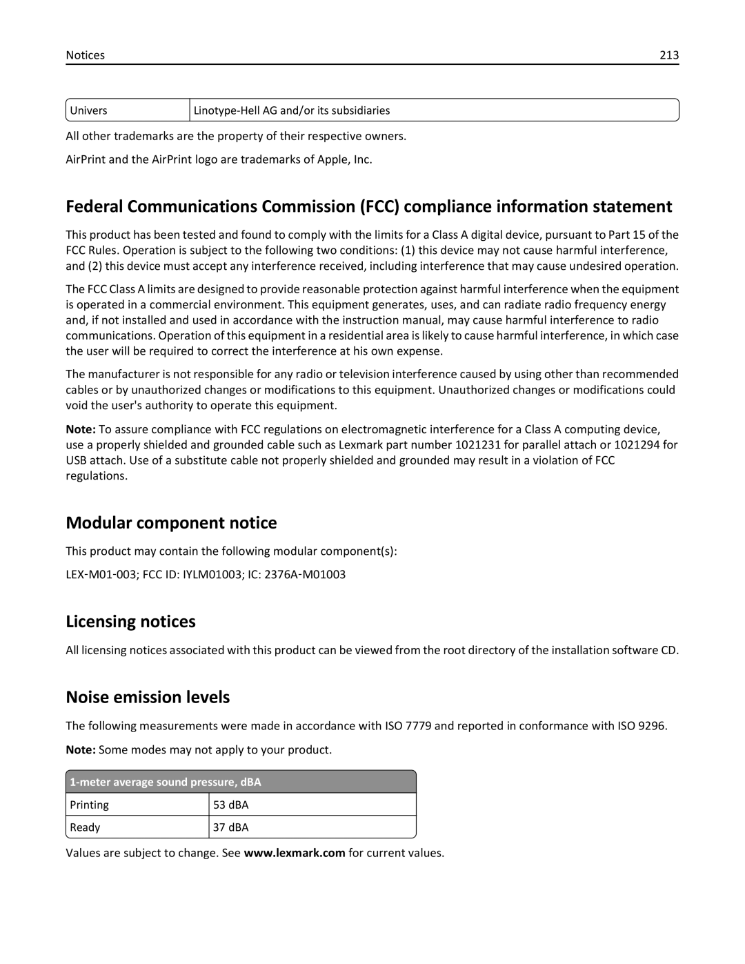 Lexmark C925 Modular component notice, Licensing notices, Noise emission levels, 213, Meter average sound pressure, dBA 