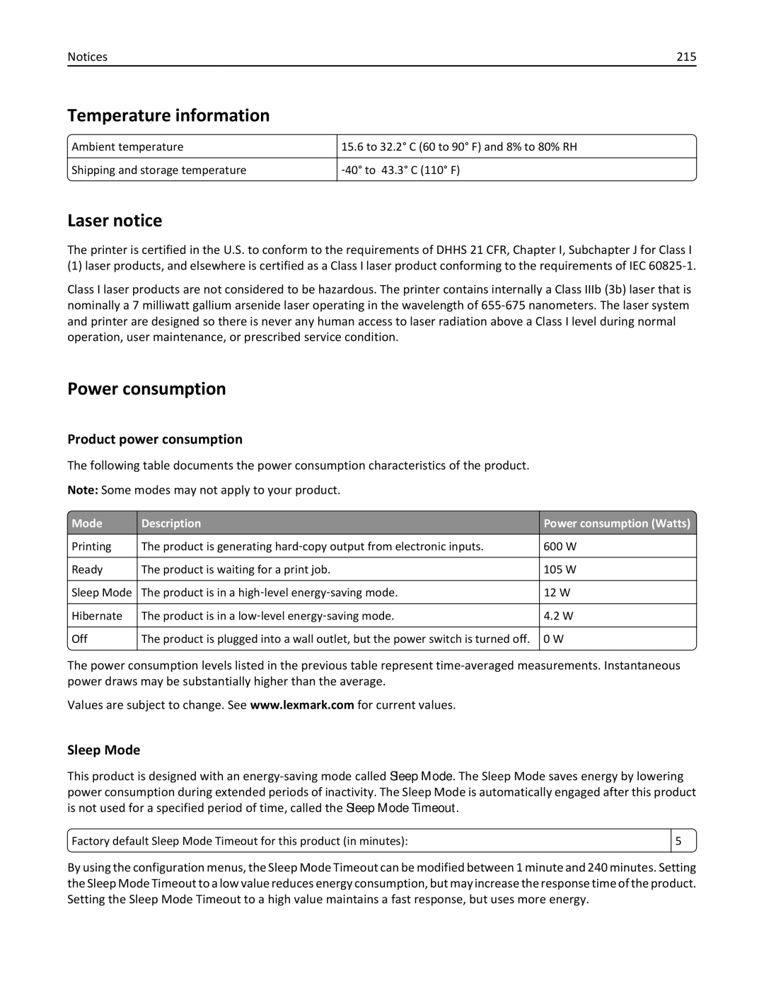 Lexmark 030, C925, 24Z0000 Temperature information, Laser notice, Power consumption, Product power consumption, Sleep Mode 