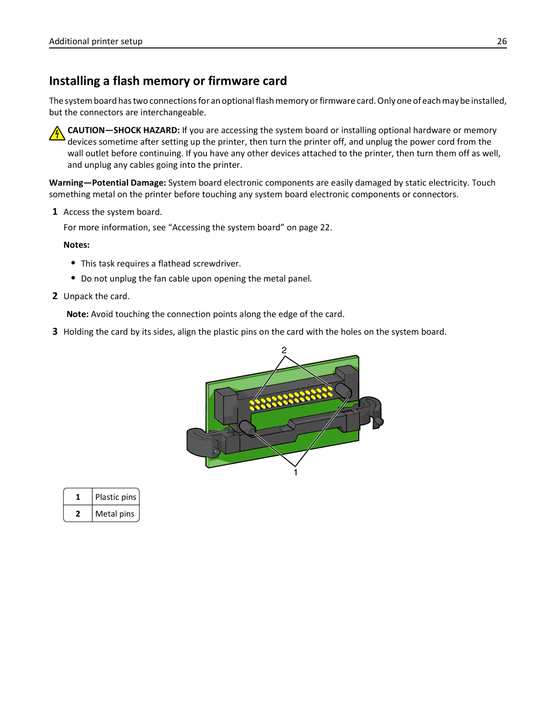 Lexmark 030, C925, 24Z0000 manual Installing a flash memory or firmware card, Plastic pins, Metal pins 