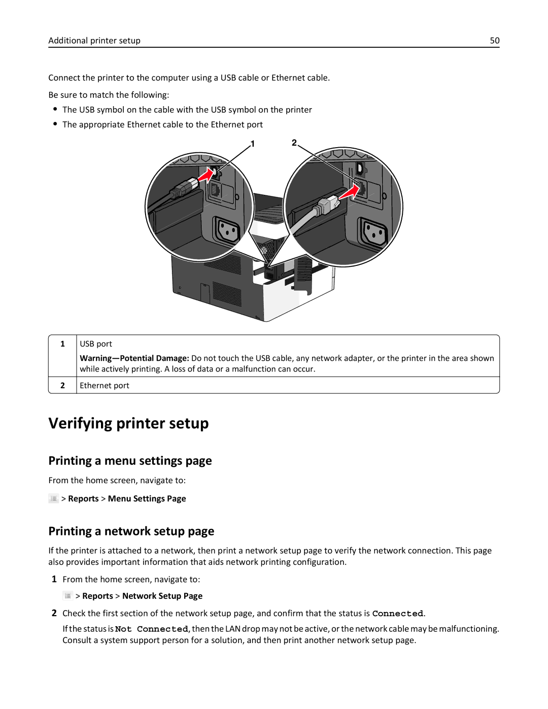 Lexmark 030, C925 manual Verifying printer setup, Printing a menu settings, Printing a network setup, Reports Menu Settings 