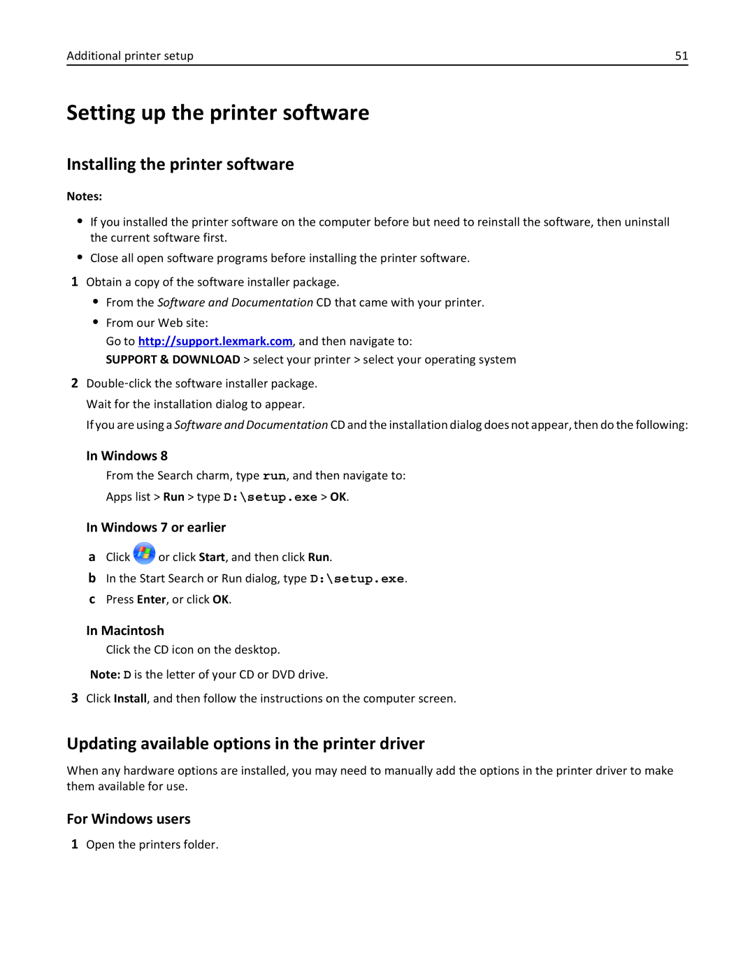 Lexmark C925, 24Z0000, 030 manual Setting up the printer software, Installing the printer software 