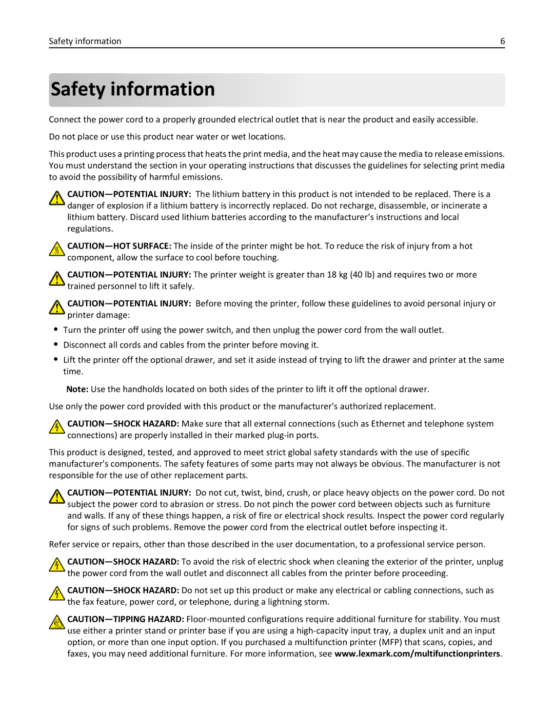 Lexmark C925, 24Z0000, 030 manual Safety information 