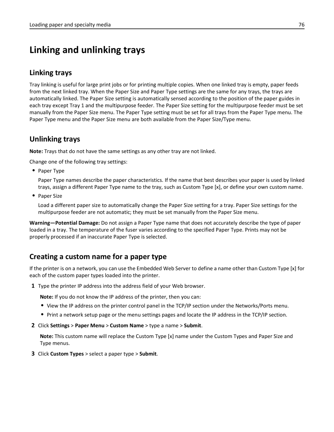 Lexmark 24Z0000, C925 Linking and unlinking trays, Linking trays, Unlinking trays, Creating a custom name for a paper type 