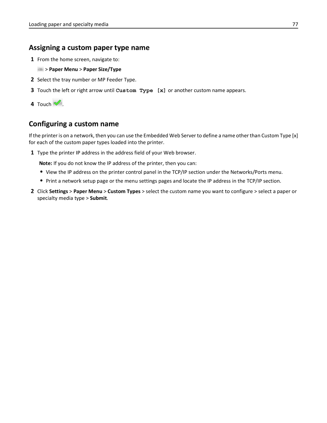 Lexmark 030, C925, 24Z0000 manual Assigning a custom paper type name, Configuring a custom name, Paper Menu Paper Size/Type 