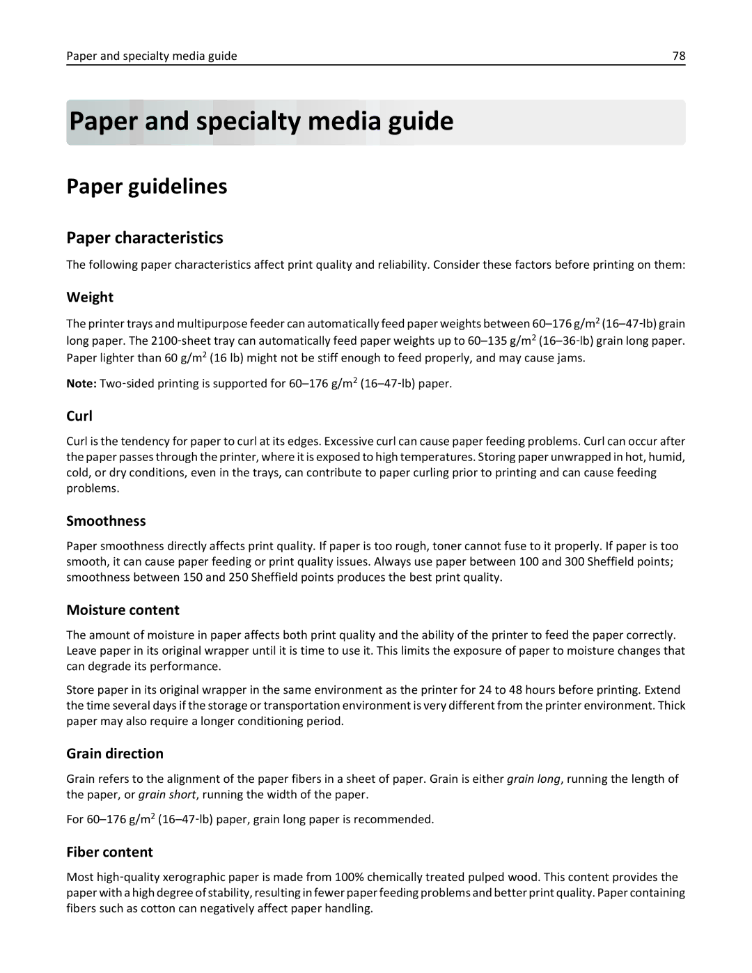 Lexmark C925, 24Z0000, 030 manual Paper and specialty media guide, Paper guidelines, Paper characteristics 