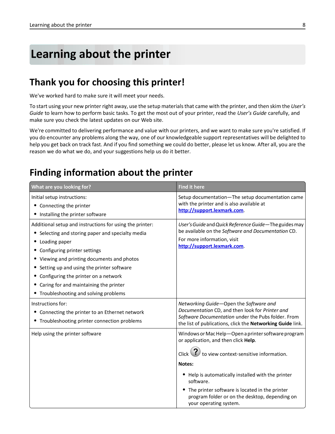 Lexmark 030, C925 Learning about the printer, Thank you for choosing this printer, Finding information about the printer 