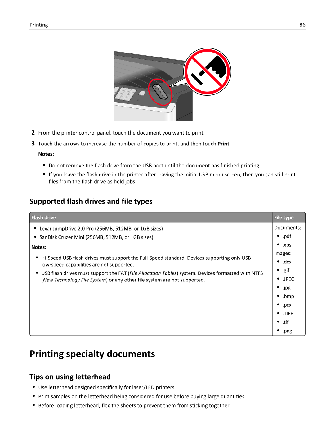 Lexmark 030, C925, 24Z0000 Printing specialty documents, Supported flash drives and file types, Tips on using letterhead 