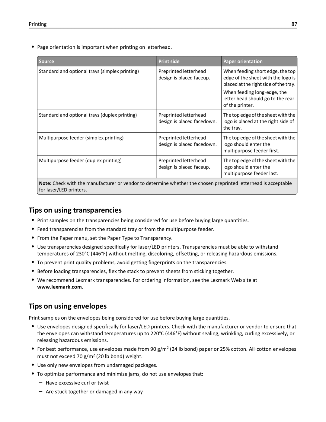 Lexmark C925, 24Z0000, 030 manual Tips on using transparencies, Tips on using envelopes, Source Print side Paper orientation 