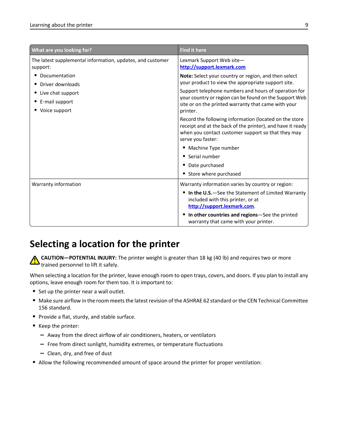 Lexmark C925, 24Z0000, 030 manual Selecting a location for the printer, Other countries and regions -See the printed 