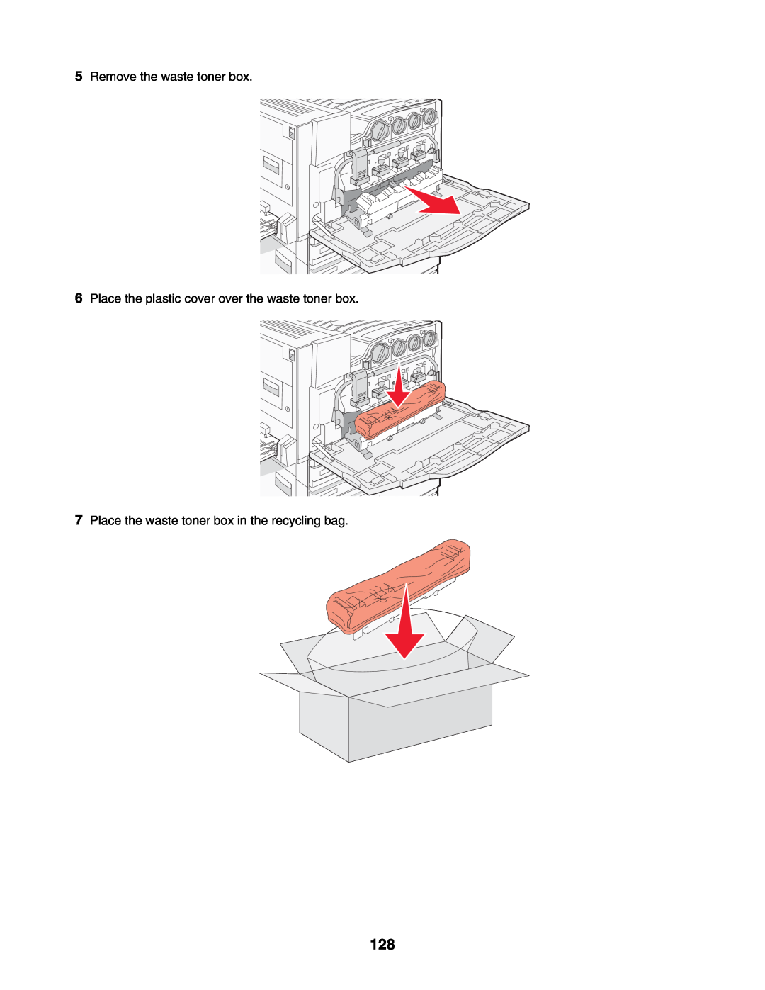 Lexmark C935 manual Remove the waste toner box, Place the plastic cover over the waste toner box 