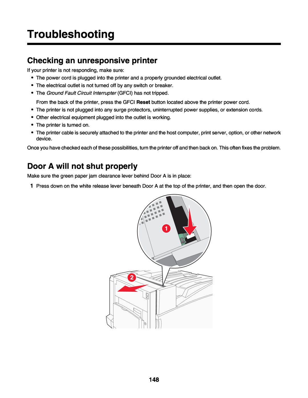Lexmark C935 manual Troubleshooting, Checking an unresponsive printer, Door A will not shut properly 