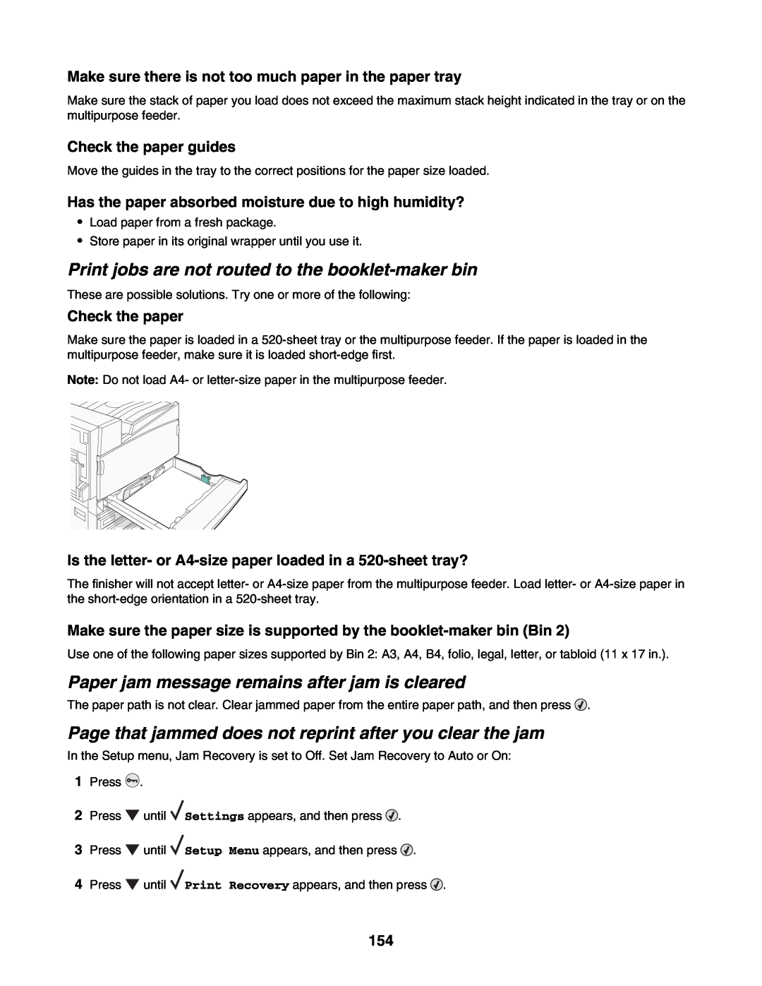 Lexmark C935 manual Print jobs are not routed to the booklet-maker bin, Paper jam message remains after jam is cleared 