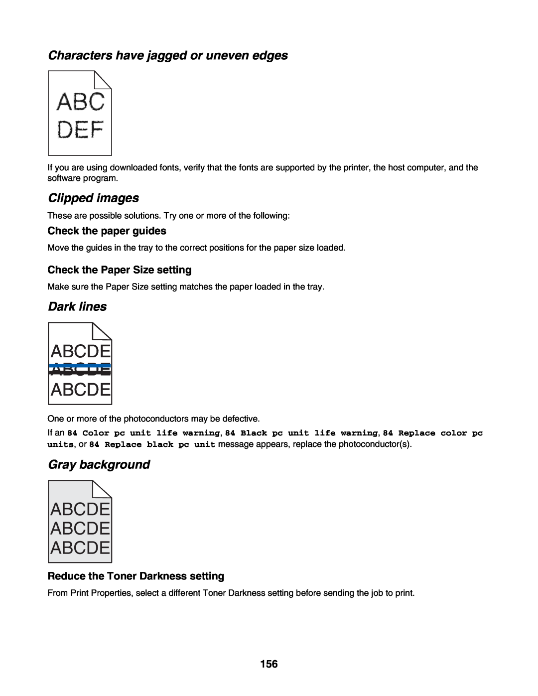 Lexmark C935 manual Characters have jagged or uneven edges, Clipped images, Dark lines, Gray background, Abcde Abcde Abcde 