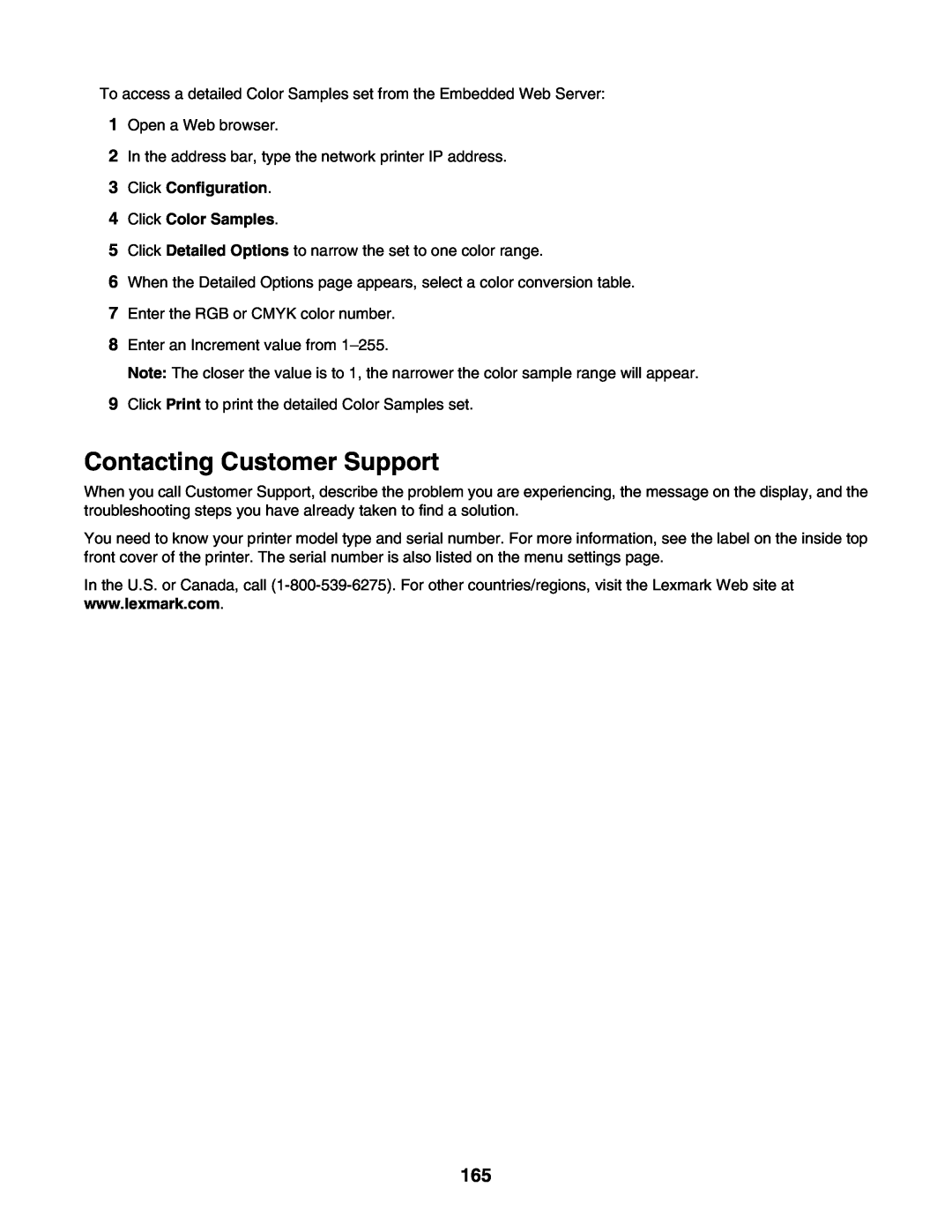 Lexmark C935 manual Contacting Customer Support, Click Configuration 4 Click Color Samples 