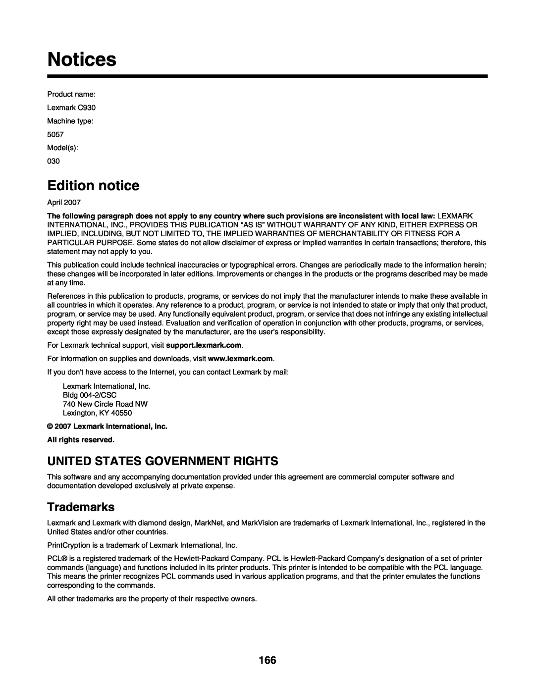 Lexmark C935 manual Notices, Edition notice, United States Government Rights, Trademarks 