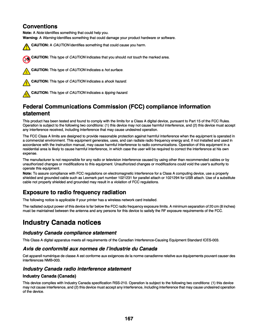 Lexmark C935 manual Industry Canada notices, Conventions, Exposure to radio frequency radiation, Industry Canada Canada 