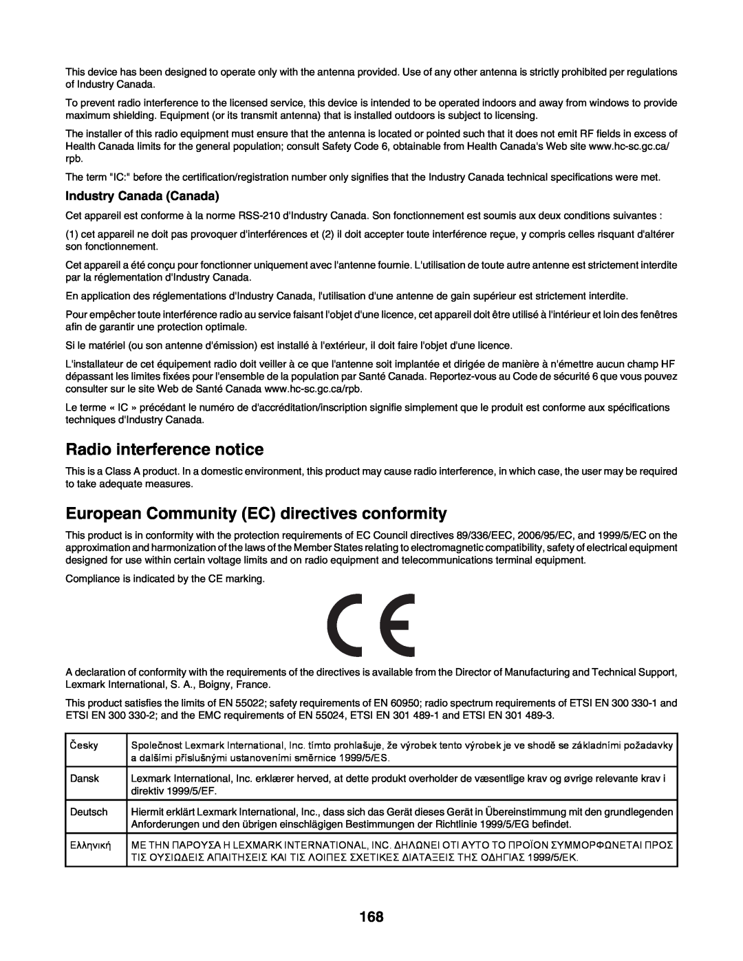 Lexmark C935 manual Radio interference notice, European Community EC directives conformity, Industry Canada Canada 