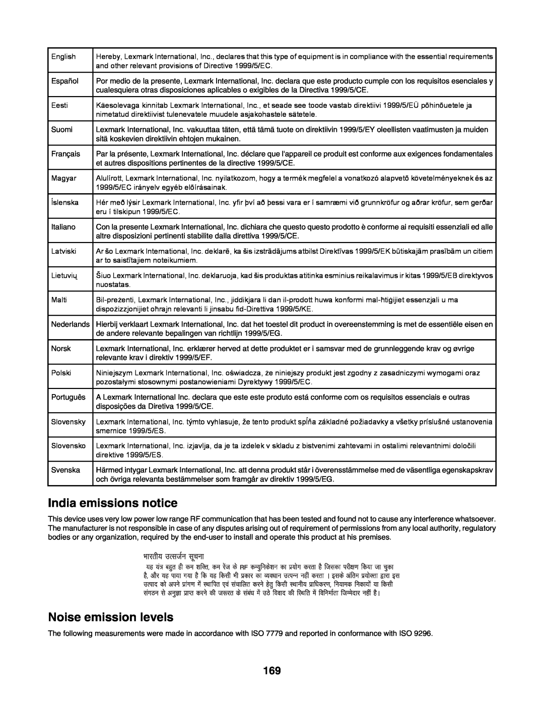 Lexmark C935 manual India emissions notice, Noise emission levels 