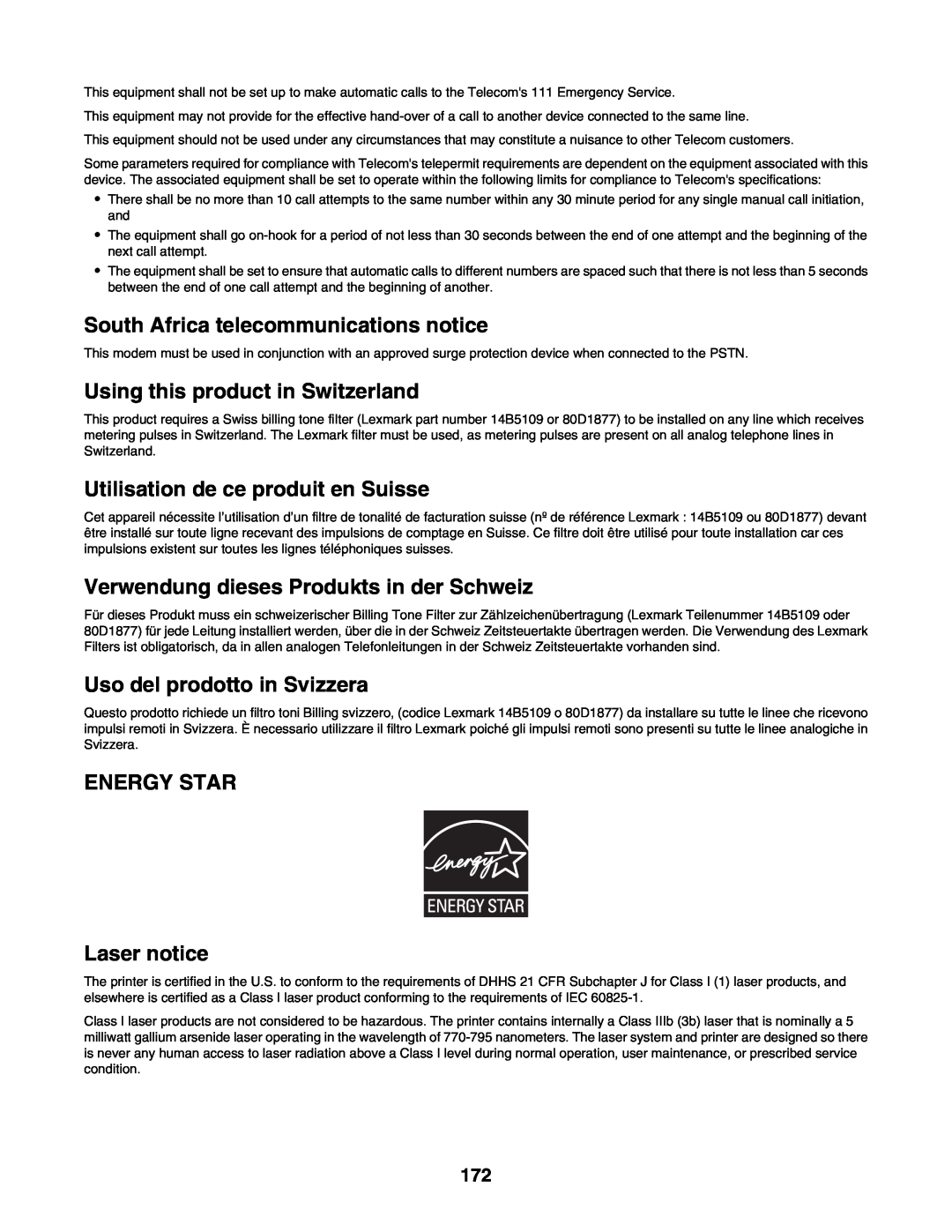 Lexmark C935 manual South Africa telecommunications notice, Using this product in Switzerland, Uso del prodotto in Svizzera 