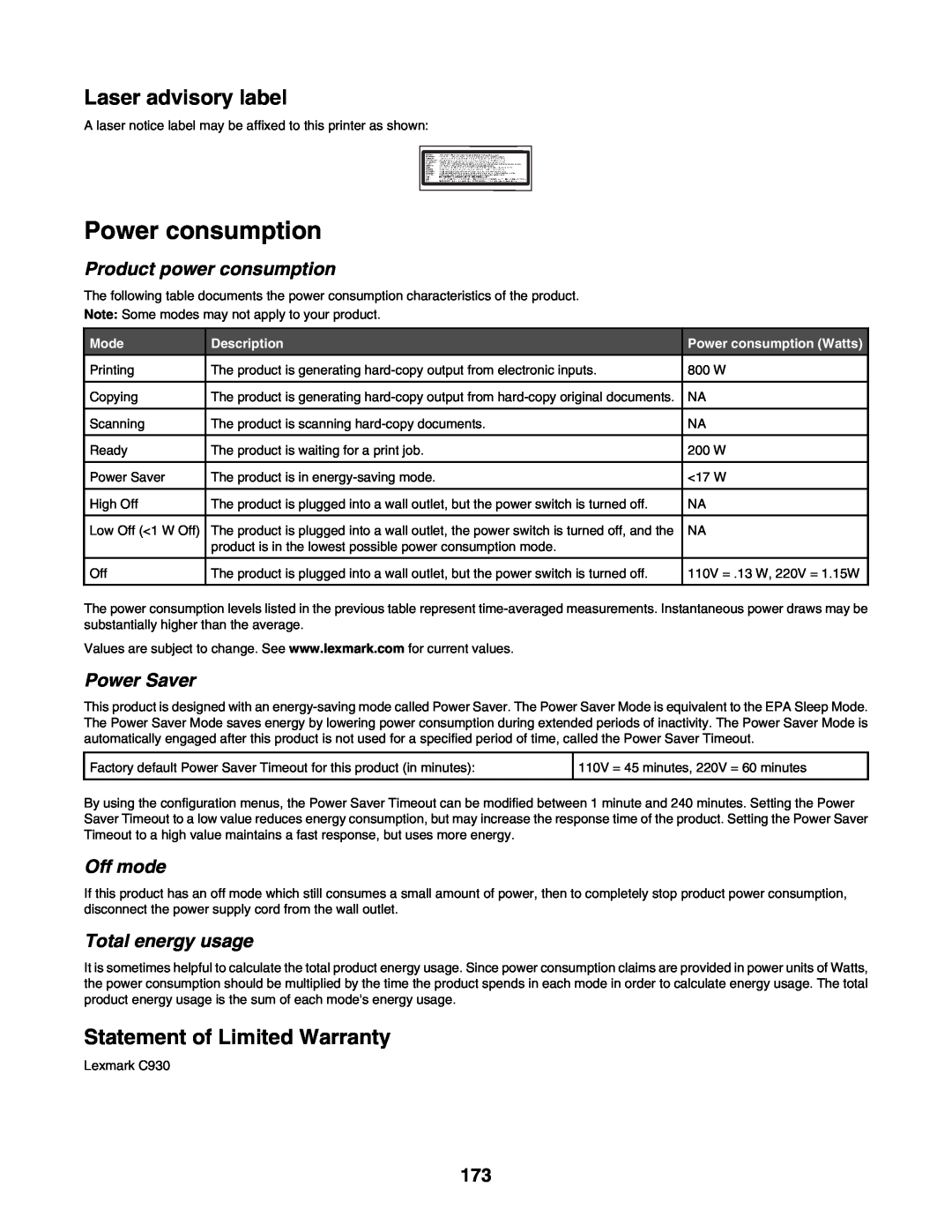 Lexmark C935 Power consumption, Laser advisory label, Statement of Limited Warranty, Product power consumption, Off mode 