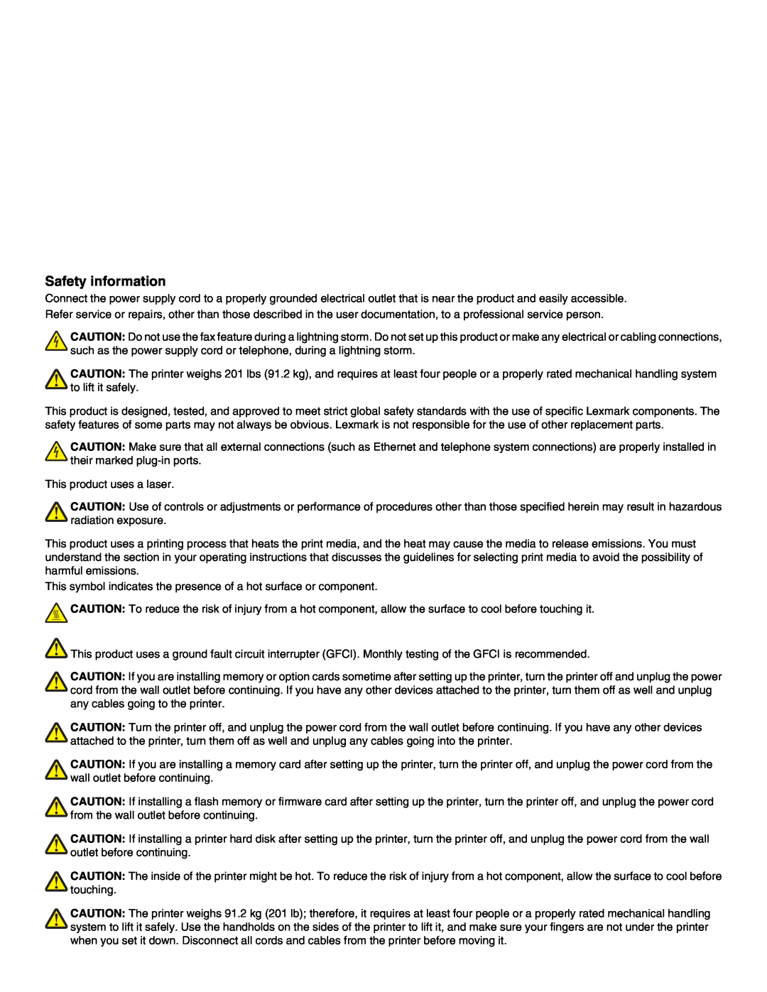 Lexmark C935 manual Safety information 