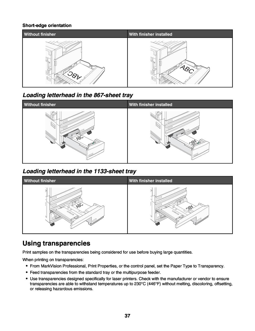Lexmark C935 Using transparencies, Loading letterhead in the 867-sheet tray, Loading letterhead in the 1133-sheet tray 