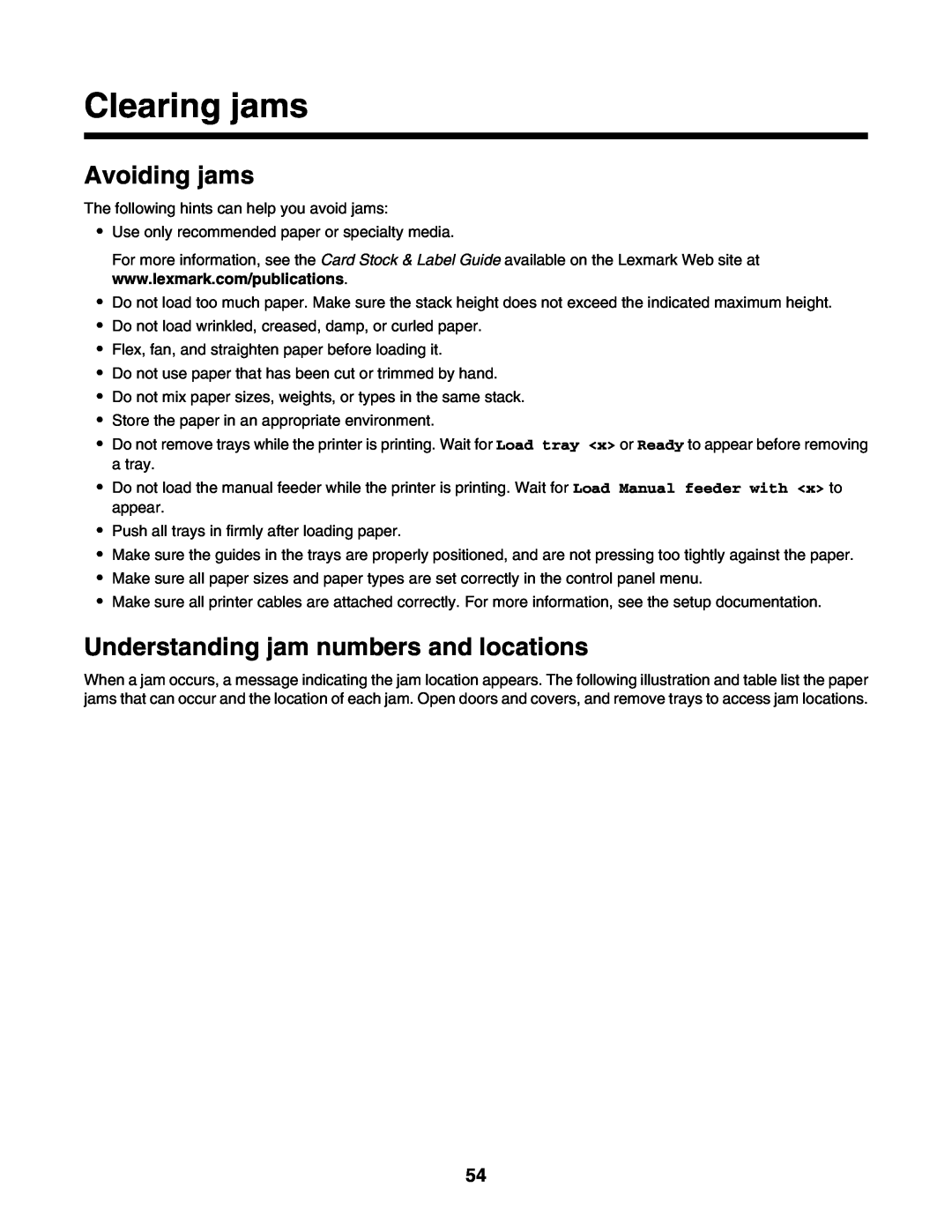 Lexmark C935 manual Clearing jams, Avoiding jams, Understanding jam numbers and locations 