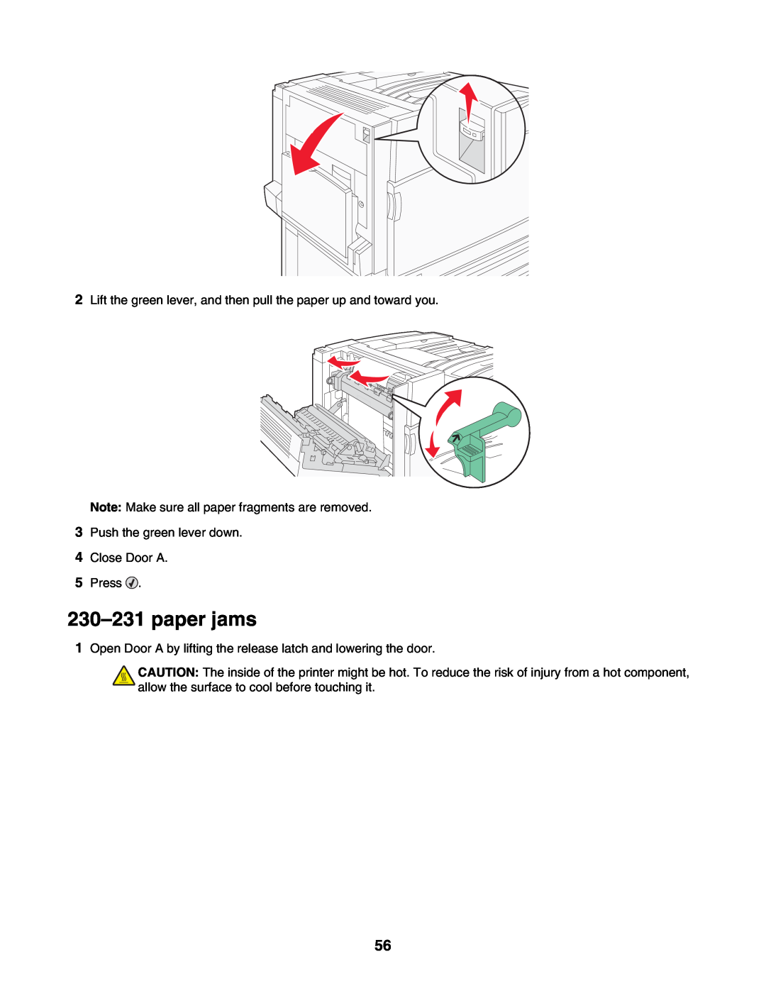 Lexmark C935 manual paper jams, Lift the green lever, and then pull the paper up and toward you 