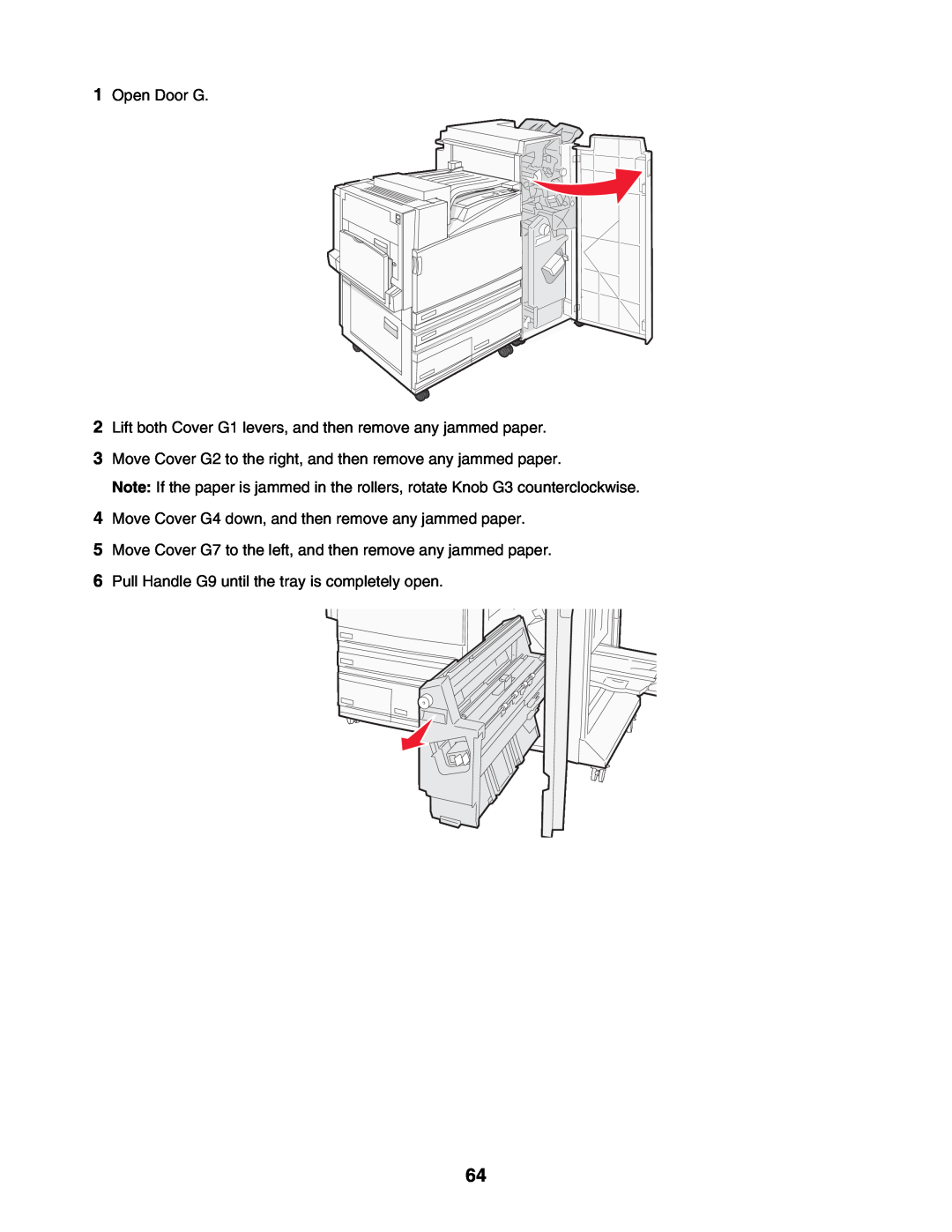 Lexmark C935 manual Open Door G, Lift both Cover G1 levers, and then remove any jammed paper 