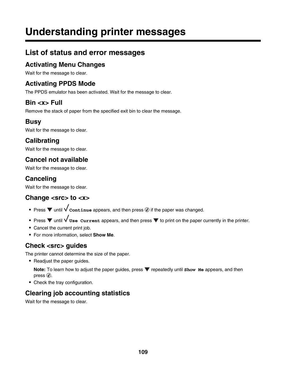 Lexmark C935 manual Understanding printer messages, List of status and error messages 