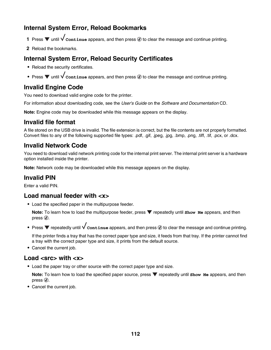 Lexmark C935 Internal System Error, Reload Bookmarks, Internal System Error, Reload Security Certificates, Invalid PIN 