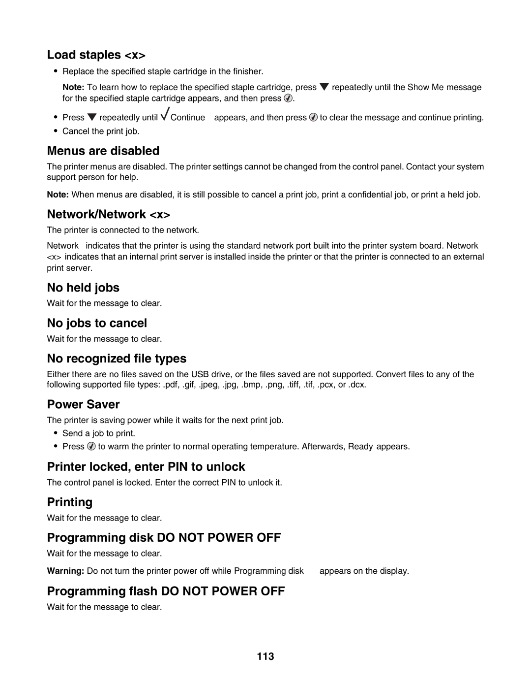 Lexmark C935 manual Load staples, Menus are disabled, Network/Network, No held jobs, No jobs to cancel, Printing 