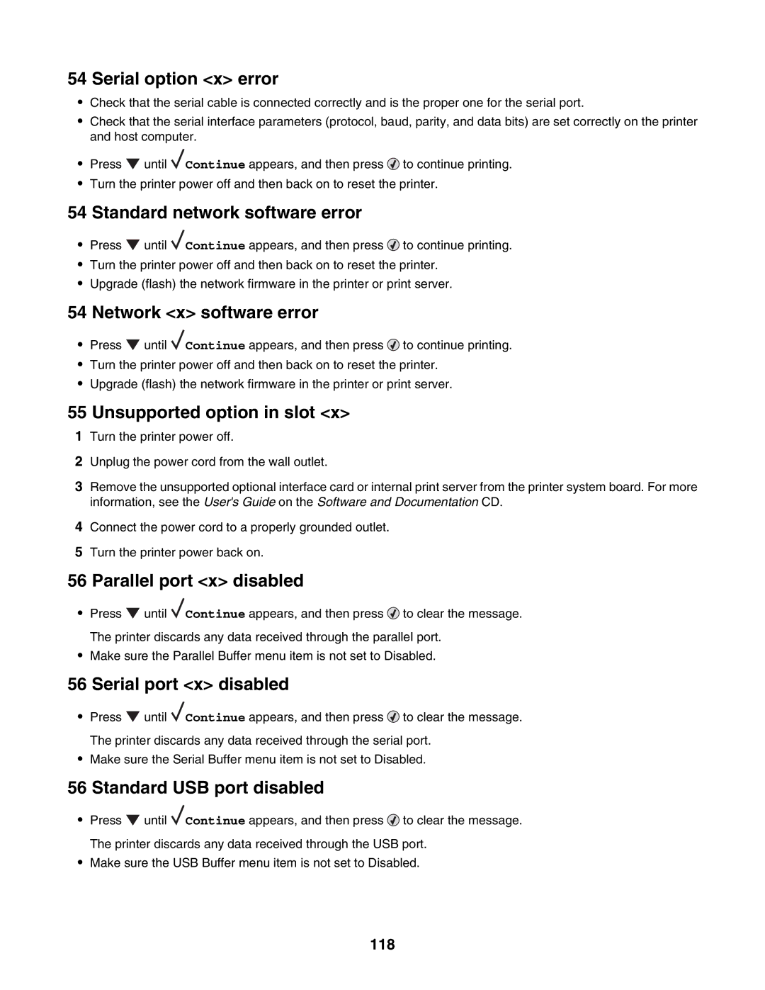 Lexmark C935 Serial option x error, Standard network software error, Network x software error, Unsupported option in slot 