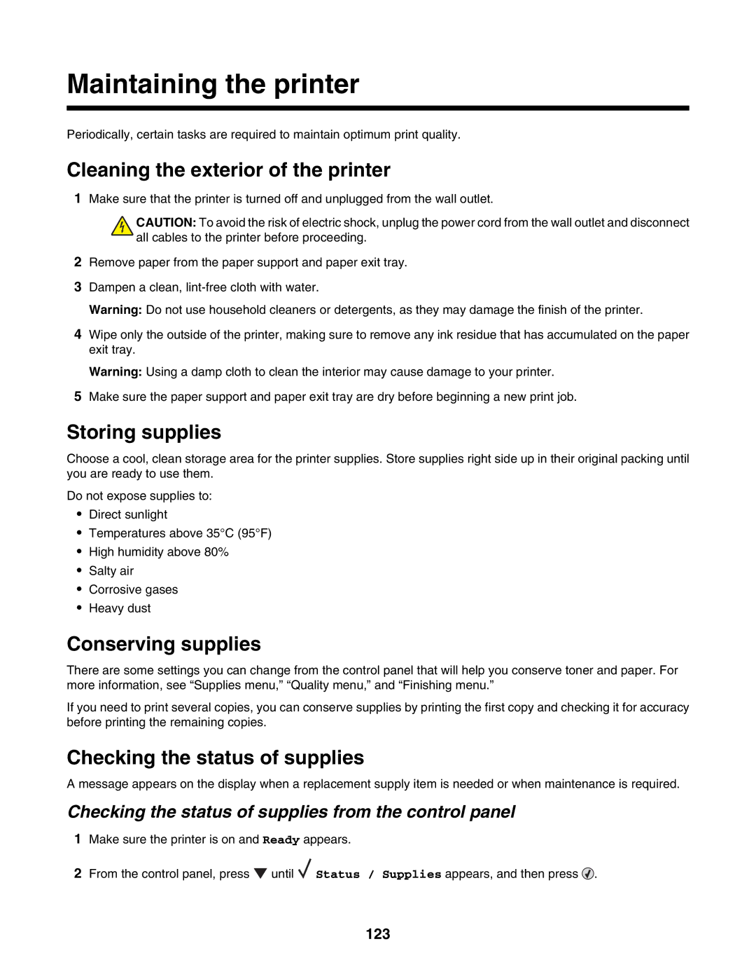 Lexmark C935 manual Maintaining the printer, Cleaning the exterior of the printer, Storing supplies, Conserving supplies 