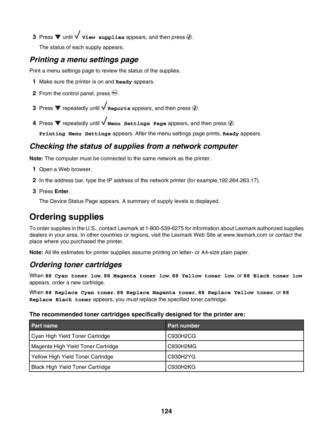 Lexmark C935 Ordering supplies, Checking the status of supplies from a network computer, Ordering toner cartridges, 124 