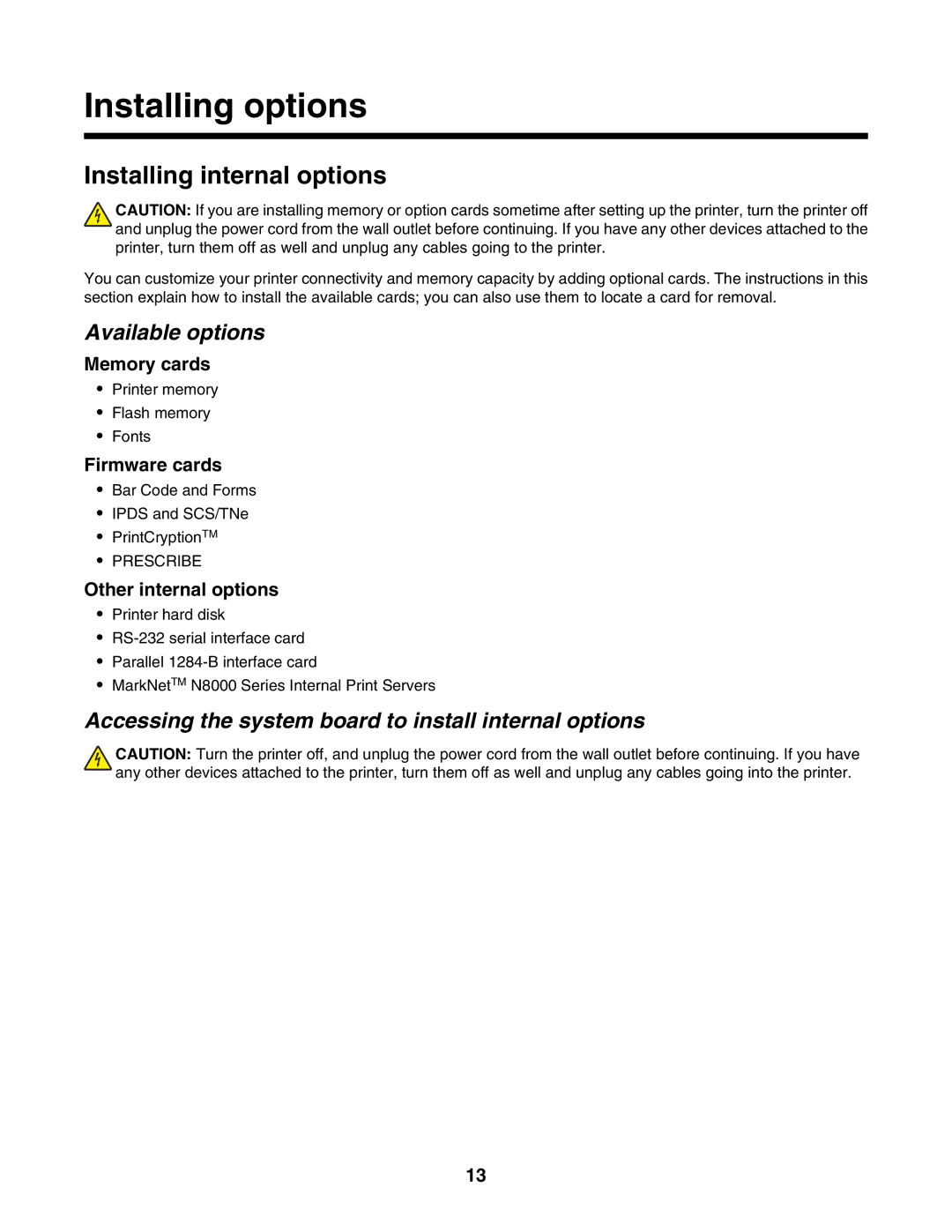 Lexmark C935 manual Installing options, Installing internal options, Available options 