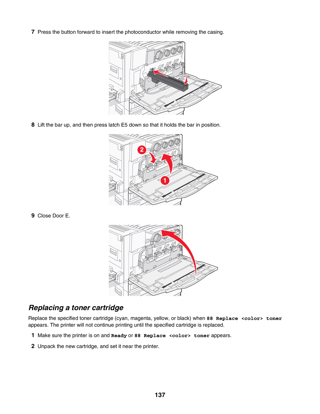 Lexmark C935 manual Replacing a toner cartridge, 137 