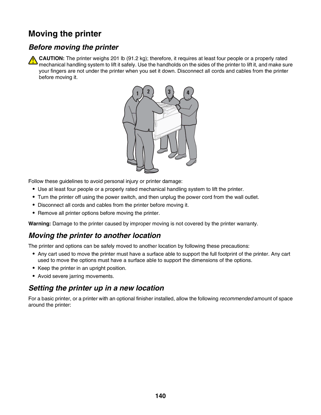 Lexmark C935 manual Before moving the printer, Moving the printer to another location, 140 