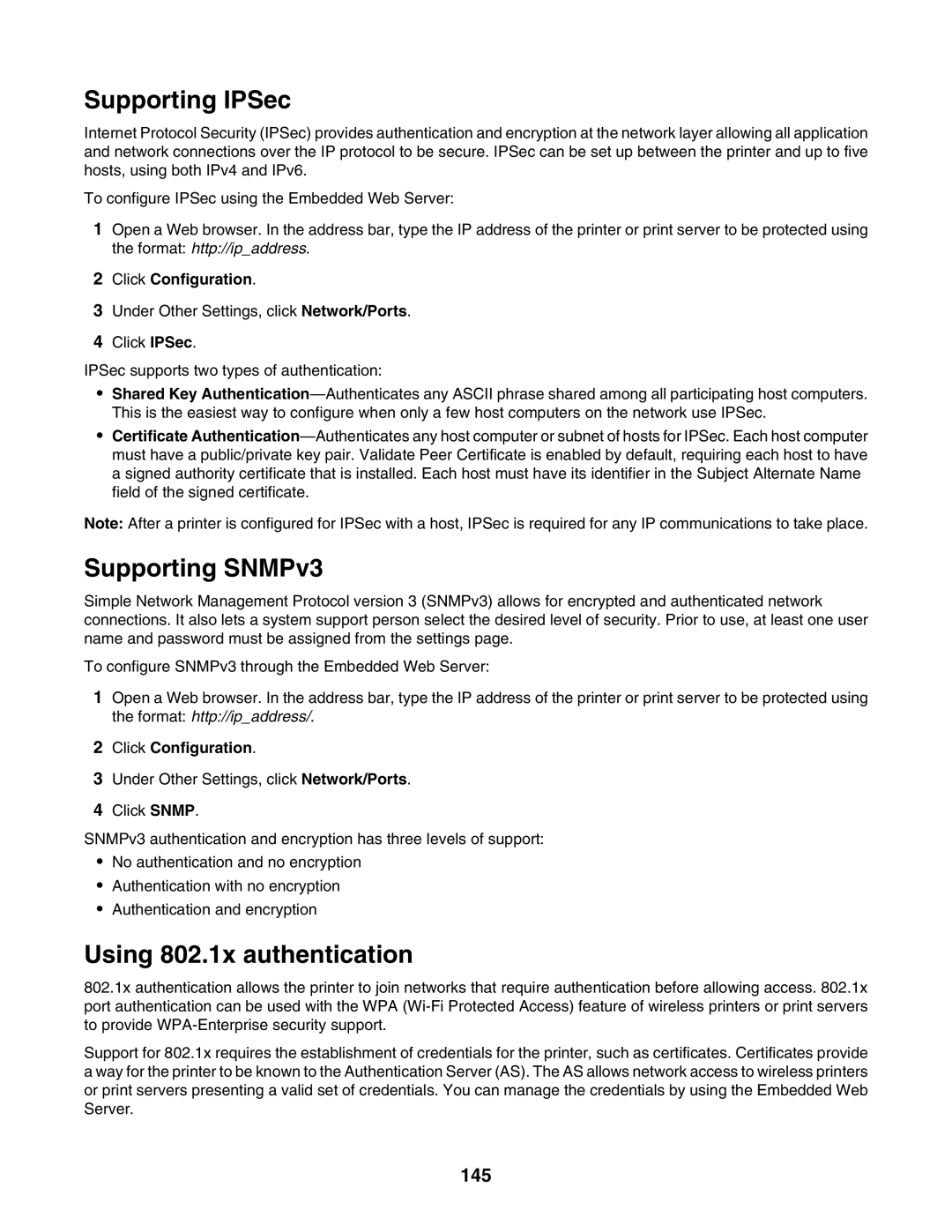 Lexmark C935 manual Supporting IPSec, Supporting SNMPv3, Using 802.1x authentication, 145 