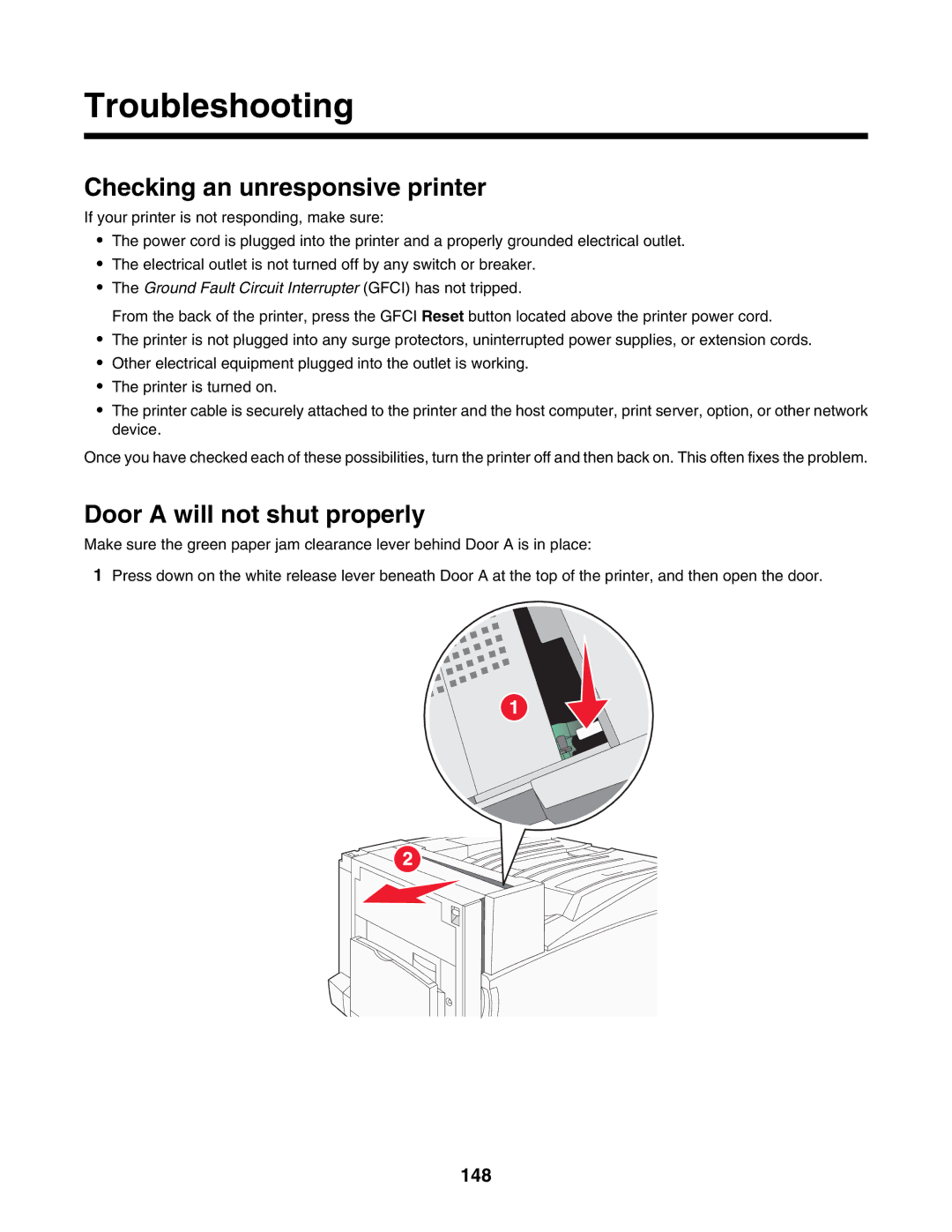 Lexmark C935 manual Troubleshooting, Checking an unresponsive printer, Door a will not shut properly, 148 