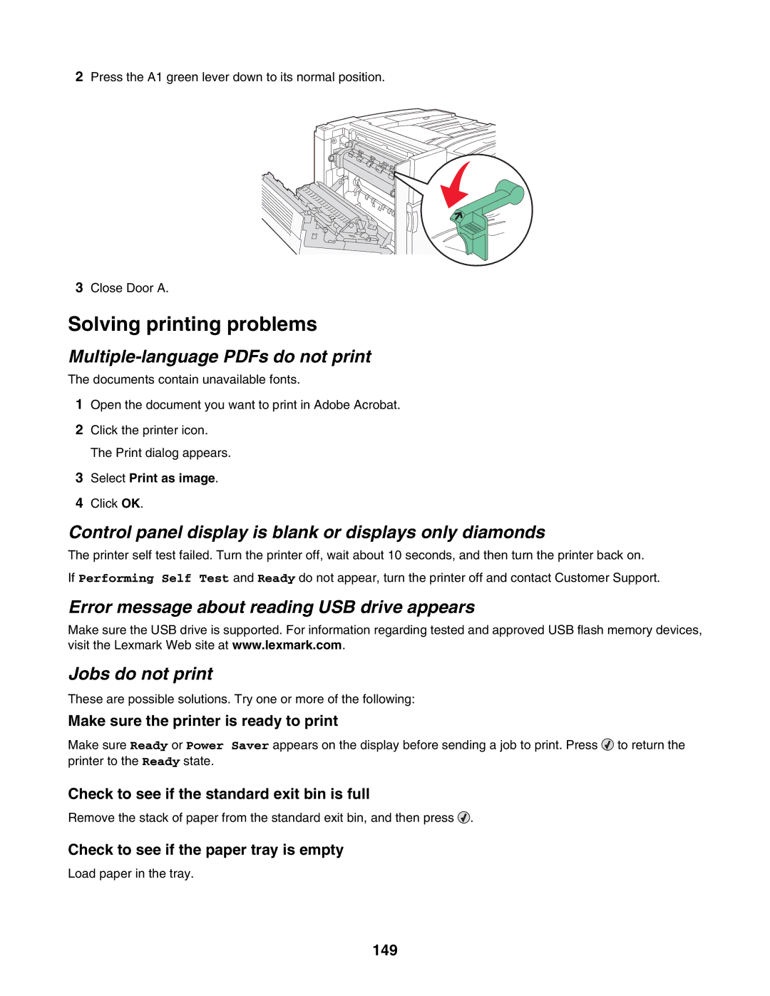 Lexmark C935 manual Solving printing problems, Control panel display is blank or displays only diamonds 