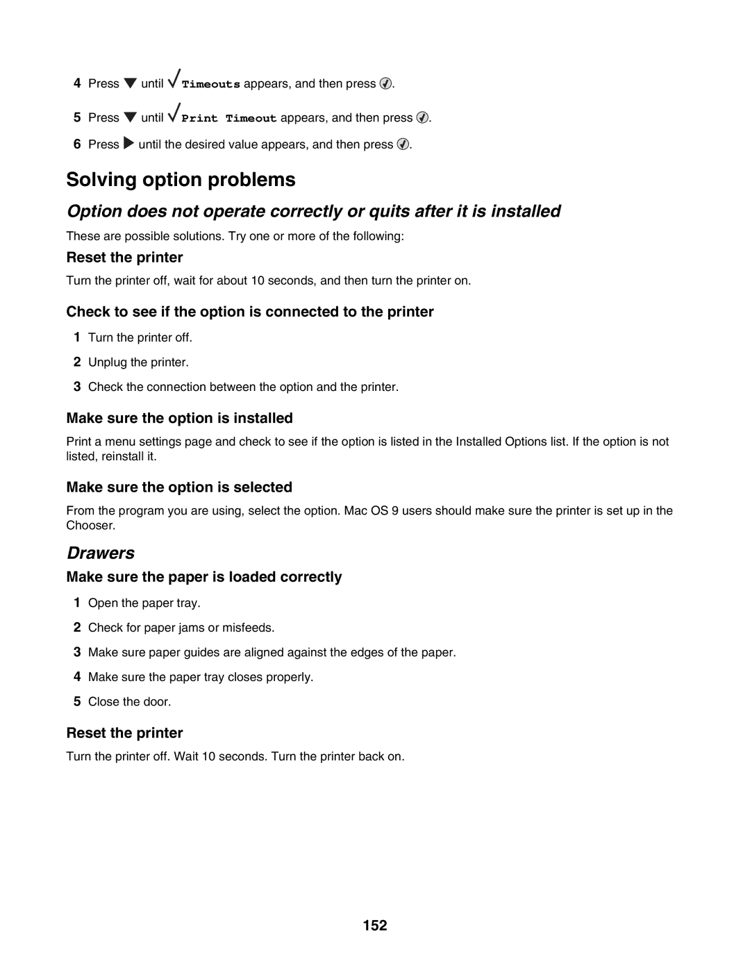 Lexmark C935 manual Solving option problems, Drawers 