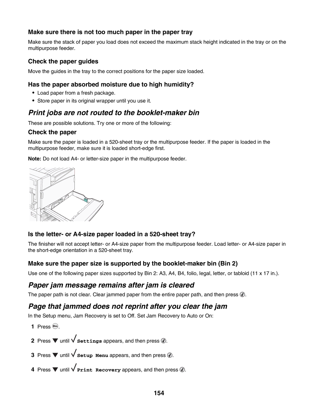 Lexmark C935 manual Print jobs are not routed to the booklet-maker bin, Paper jam message remains after jam is cleared 