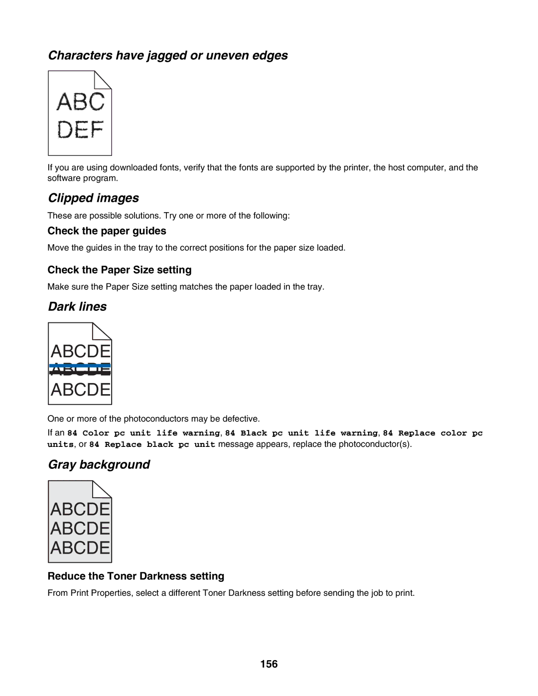 Lexmark C935 manual Characters have jagged or uneven edges, Clipped images, Dark lines, Gray background 