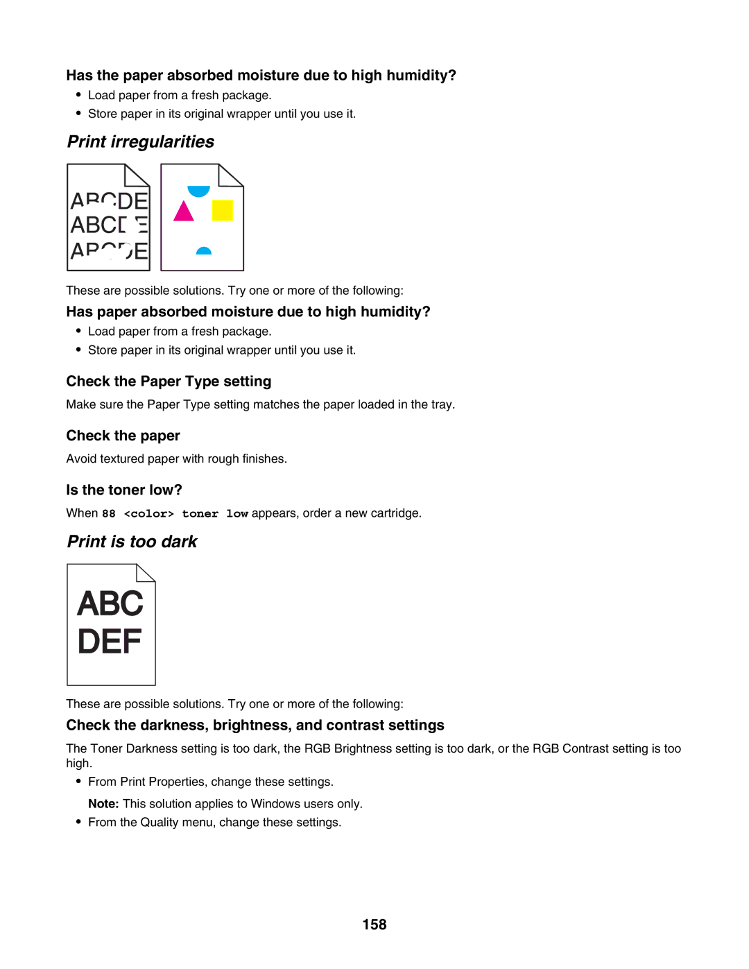 Lexmark C935 manual Print irregularities, Print is too dark 