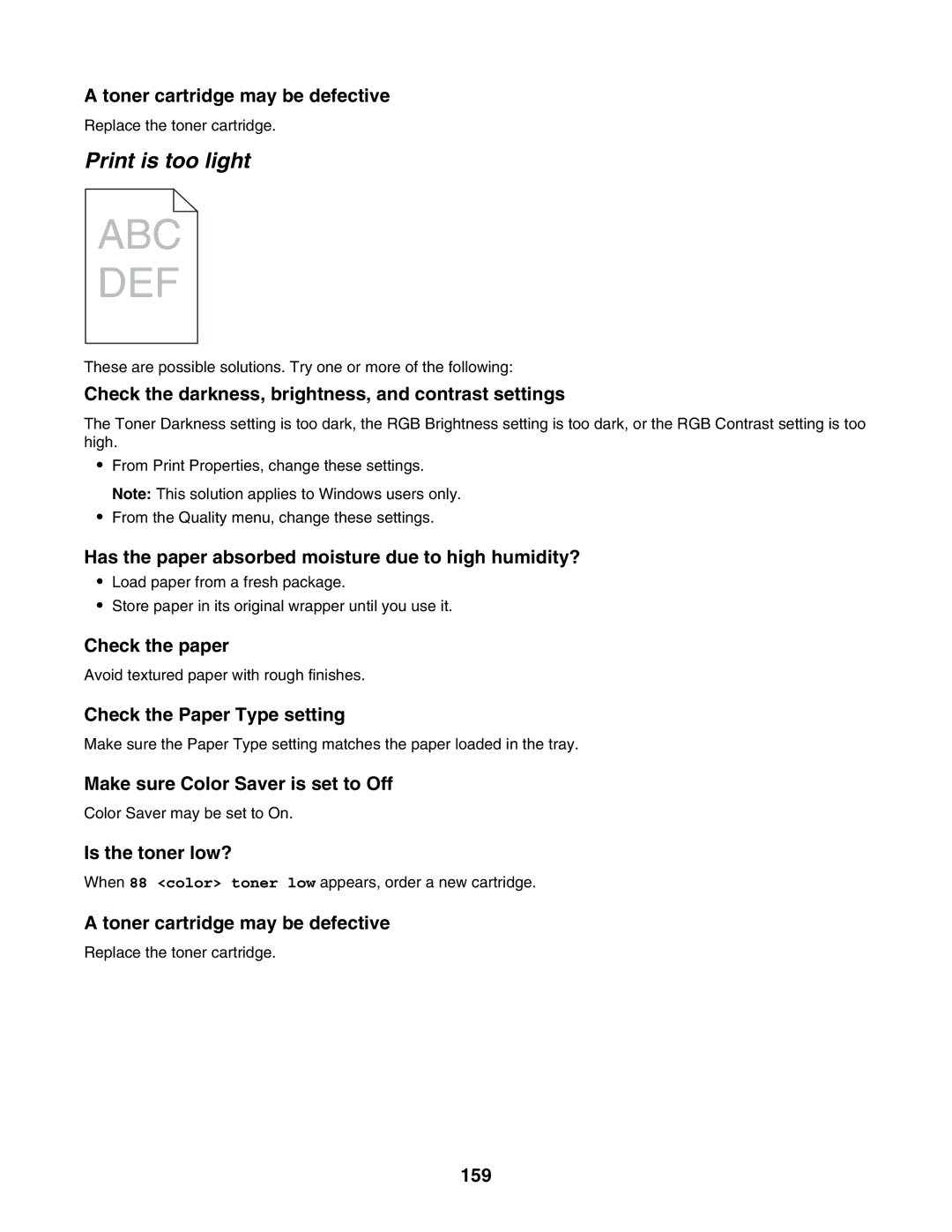 Lexmark C935 manual Print is too light, Make sure Color Saver is set to Off, 159 