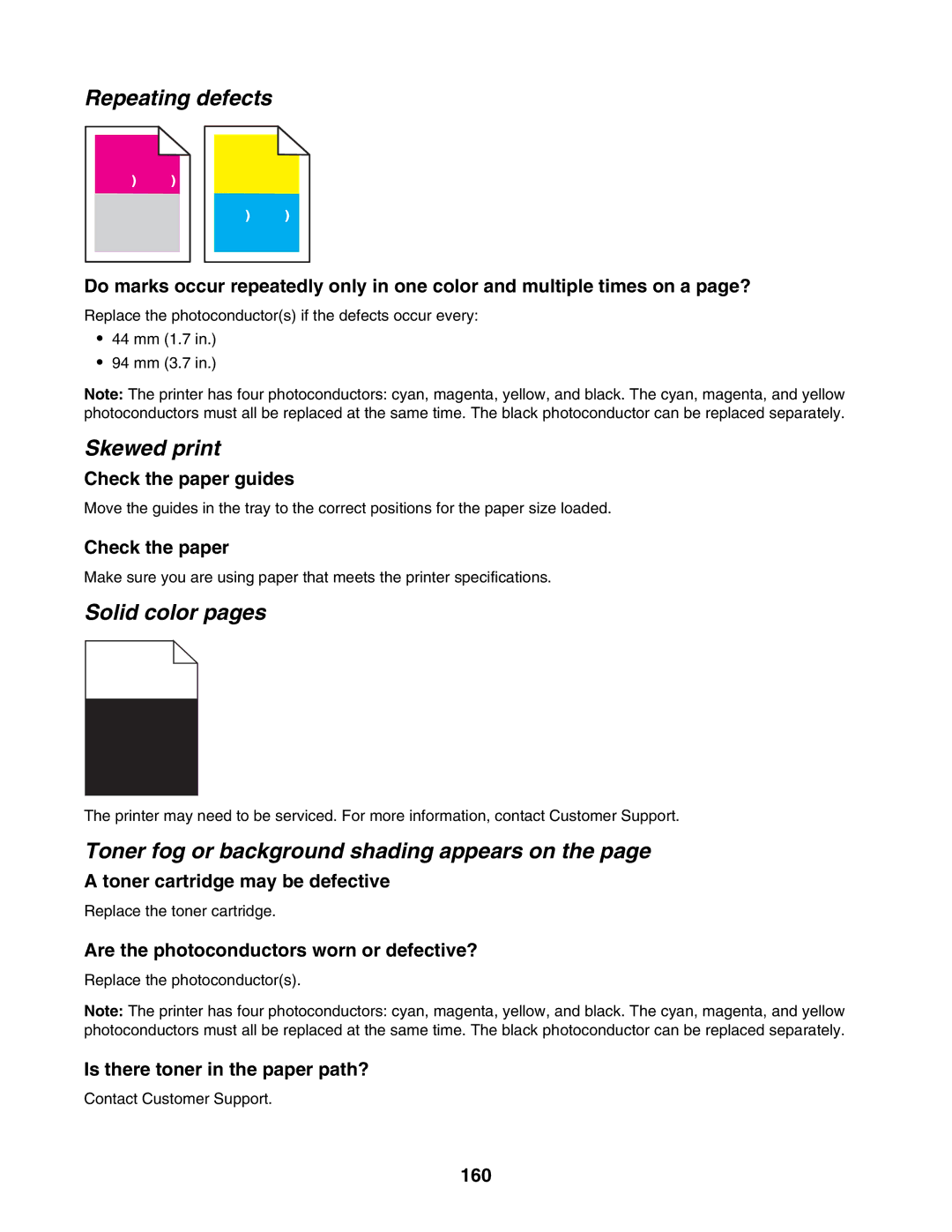 Lexmark C935 manual Repeating defects, Skewed print, Solid color pages, Toner fog or background shading appears on 