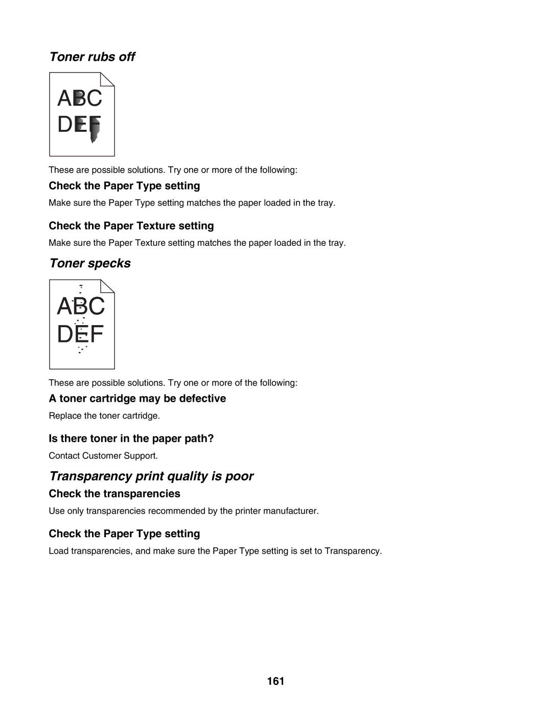 Lexmark C935 manual Toner rubs off, Toner specks, Transparency print quality is poor 